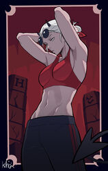  absurdres arms_behind_head bandana belly black_horns border demon demon_girl demon_horns demon_tail eyewear_on_head female grey_eyes helltaker highres horns justice_(helltaker) kingpaka315 outside_border pants red_bandana solo sports_bra sportswear sunglasses sway_back tail track_pants white_hair 