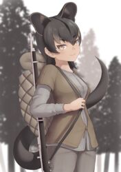  absurdres alternate_costume animal_ears backpack bag black_hair blurry blurry_background closed_mouth colored_inner_hair cowboy_shot day extra_ears female fossa_(kemono_friends) gun gun_on_back highres kemono_friends layered_sleeves long_sleeves looking_at_viewer medium_hair multicolored_hair outdoors pants rifle shirt short_over_long_sleeves short_sleeves smile solo tail tan visnola weapon weapon_on_back yellow_eyes 