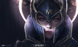  artist_name close-up closed_mouth collar commentary dota_(series) dota_2 english_commentary female full_moon gold_trim helmet highres lips lipstick looking_at_viewer luna_(dota) makeup moon night night_sky pink_eyes sky solo zed_(trungbui42) 