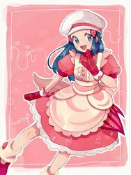  :d apron blue_eyes blue_hair blush commentary_request dawn_(palentine&#039;s_2021)_(pokemon) dawn_(pokemon) dress eyelashes female hair_ornament hairclip hand_up hanenbo hat heart highres knees mittens official_alternate_costume open_mouth outline pink_background pink_dress pokemon pokemon_masters_ex red_mittens short_sleeves sidelocks smile solo teeth tongue white_hat 