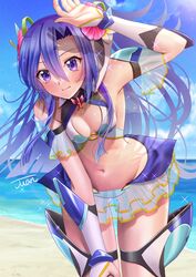  armpits beach bikini blue_sky breasts cleavage closed_mouth cloud cowboy_shot day detached_sleeves female floating_hair groin hair_between_eyes hair_intakes highres juan_0121 kazanari_tsubasa layered_skirt leaning_forward long_hair microskirt navel ocean outdoors purple_eyes purple_hair see-through see-through_sleeves senki_zesshou_symphogear senki_zesshou_symphogear_xd_unlimited short_sleeves skirt sky small_breasts smile solo sparkle standing swimsuit very_long_hair white_skirt 