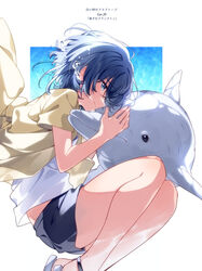  air_bubble bare_legs black_shorts blue_hair bubble closed_mouth commentary_request crying dark_blue_hair dolphin feet_out_of_frame female highres jacket misakino_kukuru open_clothes open_jacket promotional_art sandals shiroi_suna_no_aquatope shirt short_hair short_sleeves shorts solo tears u35 underwater white_shirt 