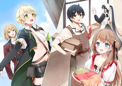  2boys 3girls :d a20_(atsumaru) apron back_bow bad_id bad_pixiv_id black_coat black_eyes black_hair black_shorts black_skirt black_sleeves black_thighhighs blonde_hair blue_eyes blush bow breasts brown_apron brown_hair brown_pants cleaning cleaning_windows cleavage coat collarbone crop_top detached_sleeves green_eyes highres jacket kyuutei_tan&#039;yashi_no_shawasena_nichijou leather_apron light_brown_hair long_hair long_skirt long_sleeves maid midriff multiple_boys multiple_girls open_clothes open_coat open_jacket pants ponytail red_eyes red_jacket shirt short_hair short_shorts short_sleeves shorts skirt small_breasts smile split_screen stomach thighhighs very_long_hair white_apron white_headwear white_shirt white_sleeves window zettai_ryouiki 