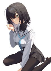  bad_id bad_twitter_id black_hair black_pantyhose black_skirt blue_neckwear closed_mouth female green_eyes hair_ornament hairclip hand_up highres long_sleeves looking_at_viewer original pantyhose pleated_skirt school_uniform serafuku short_hair simple_background sitting skirt solo soya_(torga) turtleneck wariza white_background 