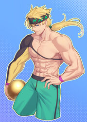  1boy abs ball bare_pectorals black_headband blonde_hair blue_eyes bowling_ball commentary cropped_legs fate/grand_order fate_(series) green_pants hand_on_own_hip headband highres large_pectorals male_focus muscular muscular_male nipples no_nipples obliques official_alternate_costume official_alternate_hairstyle pants pectorals ponytail sakata_kintoki_(all_the_way_bang)_(fate) sakata_kintoki_(fate) short_hair single_sleeve smile solo stomach veins veiny_arms zanshi 