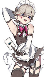  1boy apron arm_up armpits blush bow bowtie card detached_sleeves garter_straps genshin_impact gloves grey_hair highres holding holding_card looking_at_viewer lyney_(genshin_impact) maid_headdress male_focus multicolored_hair open_mouth otoko_no_ko purple_eyes red_bow simple_background solo streaked_hair teardrop_facial_mark thighhighs waist_apron white_background yoruhachi 