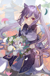  double_bun dress female flower frilled_sleeves frills genshin_impact hair_bun hair_ornament hairclip highres keqing_(genshin_impact) looking_at_viewer natsuki_yoru petals purple_eyes purple_hair smile twintails 