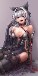  :d absurdres armor armored_dress bare_shoulders black_gloves blue_eyes bow breasts cleavage collar commission cosplay dainillust dress elbow_gloves eyebrows_hidden_by_hair fangs female girls&#039;_frontline gloves grey_background grey_hair hairband hairbow highres leash looking_at_viewer medium_breasts medium_hair no_panties original pelvic_curtain revealing_clothes second-party_source simple_background single_vambrace sitting smile solo teeth thigh_strap thighhighs tokarev_(girls&#039;_frontline) tokarev_(girls&#039;_frontline)_(cosplay) tokarev_(griffin&#039;s_dancer)_(girls&#039;_frontline) upper_teeth_only vambraces 