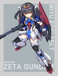  armor beam_rifle black_hair character_name clenched_hand commentary cosplay crossover energy_gun english_text fate/kaleid_liner_prisma_illya fate_(series) female full_body grey_background gundam highres leotard long_hair looking_at_viewer mecha_musume miyu_edelfelt science_fiction serious shield sidelocks solo taro_(ultrataro) twintails v-fin weapon yellow_eyes zeta_gundam zeta_gundam_(mobile_suit) zeta_gundam_(mobile_suit)_(cosplay) 