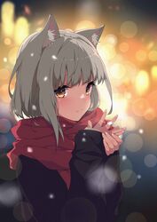  absurdres animal_ear_fluff animal_ears azur_lane backlighting black_sweater blurry blurry_background blush bokeh cat_ears cat_girl closed_mouth depth_of_field female glint grey_hair heart heart-shaped_pupils highres inazuma_(1205246) jewelry long_sleeves looking_at_viewer orange_eyes own_hands_together red_scarf ring scarf short_hair sleeves_past_wrists smile solo sweater symbol-shaped_pupils upper_body yukikaze_(azur_lane) 