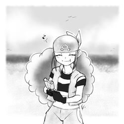  bandana border closed_eyes closed_mouth collarbone cowboy_shot crop_top cropped_shirt curly_hair double_popsicle eating eyelashes female food hkuuu holding holding_food holding_popsicle jacket long_hair midriff monochrome musical_note pokemon pokemon_rse popsicle shelly_(pokemon) shirt solo spoken_musical_note striped_clothes striped_shirt water white_border 