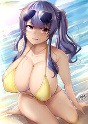  azur_lane bikini breasts cleavage eyewear_on_head female highres huge_breasts ibara_azuki kneeling long_hair multi-strapped_bikini o-ring o-ring_bikini official_alternate_costume pola_(azur_lane) pola_(seaside_coincidence)_(azur_lane) purple_hair red_eyes side_ponytail signature solo swimsuit water yellow_bikini 