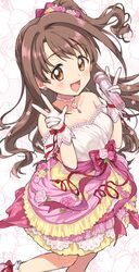  :d arm_guards bare_shoulders blush bow breasts brown_eyes brown_hair choker cleavage collarbone dot_nose double_v dress dress_bow earrings female floral_background flower flower_earrings gloves hair_flower hair_ornament hair_ribbon holding holding_microphone idolmaster idolmaster_cinderella_girls idolmaster_cinderella_girls_starlight_stage jewelry long_hair looking_at_viewer medium_breasts microphone nanonin one_side_up open_mouth pendant_choker pink_dress pink_flower pink_rose red_flower red_ribbon red_rose ribbon rose sash shimamura_uzuki sleeveless sleeveless_dress smile socks solo standing standing_on_one_leg v white_background white_choker white_flower white_gloves white_rose white_socks yellow_flower yellow_rose 