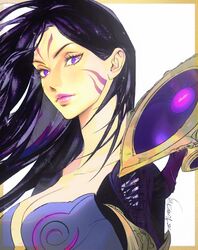  bodysuit border breasts cleavage closed_mouth collarbone detached_wings eyelashes facial_mark facial_tattoo female floating_hair forehead_mark highres jian_tai_(cuoyu0) kai&#039;sa large_breasts league_of_legends long_hair looking_at_viewer orange_border purple_bodysuit purple_eyes purple_hair purple_lips scar scar_on_face signature simple_background smile solo tattoo upper_body whisker_markings white_background wings 