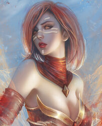  bare_shoulders breasts cleavage dota_(series) dota_2 dress facepaint female highres jewelry lina_(dota) lips lipstick long_hair makeup necklace open_mouth orange_eyes orange_hair red_dress red_neckwear red_sleeves sleeveless sleeveless_dress solo teeth traditional_media zed_(trungbui42) 