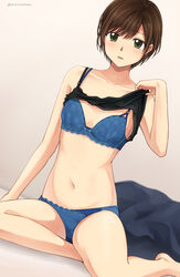  absurdres artist_name barefoot black_camisole blue_bra blue_panties blush bra breasts brown_hair camisole collarbone commentary_request female green_eyes highres lace-trimmed_bra lace-trimmed_panties lace_trim looking_at_viewer navel original panties parted_lips setu_kurokawa short_hair sitting small_breasts solo twitter_username underwear watermark 