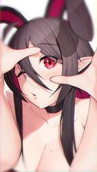  animal_ears black_choker black_hair black_rabii blurry breasts choker chromatic_aberration cleavage close-up collarbone colored_inner_hair extra_ears female highres looking_at_viewer migu_(iws2525) mole mole_on_breast mole_under_eye multicolored_hair one_eye_closed original parted_lips pointy_ears rabbit_ears red_eyes red_hair simple_background solo two-tone_hair white_background 