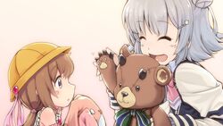  2girls bare_shoulders bear_paws blazer blush_stickers bow bowtie brown_eyes brown_hair cevio closed_eyes detached_sleeves frilled_shirt frills grey_hair hair_ornament hairclip hat highres holding holding_another&#039;s_arm holding_stuffed_toy horns jacket koharu_rikka lakiston long_hair looking_at_viewer multiple_girls neck_ribbon open_mouth pink_bow pink_bowtie pink_ribbon ribbon school_hat shirt short_hair smile striped striped_ribbon stuffed_animal stuffed_rabbit stuffed_toy synthesizer_v takeda_yukimura teddy_bear tsukuyomi_ai upper_body voiceroid waving yellow_headwear 