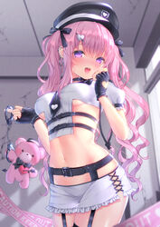  :d arrow_through_heart belt black_belt black_choker black_gloves black_hat black_ribbon black_thighhighs blurry bow bowtie breasts choker clothing_cutout commentary_request cowboy_shot crop_top cuffs depth_of_field ear_piercing earrings female fingerless_gloves frilled_skirt frills garter_straps gloves hair_ornament hair_ribbon handcuffs hands_up hat heart heart_cutout heart_hair_ornament highres hoop_earrings indoors jewelry long_hair looking_at_viewer medium_breasts midriff miniskirt mole mole_under_eye navel necktie open_mouth original peaked_cap photoshop_(medium) piercing pink_hair police_hat puffy_short_sleeves puffy_sleeves purple_eyes revealing_clothes ribbon rope shirt short_necktie short_sleeves skirt smile solo stomach stuffed_animal stuffed_toy teddy_bear thighhighs twintails underboob wavy_hair white_shirt white_skirt yuyuko_(yuyucocco) zettai_ryouiki 