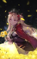  absurdres between_breasts black_background black_nails blonde_hair breasts cloak closed_mouth commentary_request detached_collar earrings ereshkigal_(fate) falling_petals fate/grand_order fate_(series) female field flower flower_field from_side glint gold_trim hair_ribbon hands_up highres holding holding_flower hood hood_down hooded_cloak infinity_symbol jewelry leaning light_blush long_hair looking_ahead medium_breasts nail_polish necklace parted_bangs petals red_cloak red_eyes red_ribbon revision ribbon sakamuke shadow single_sleeve skull smile solo sparkle spine strap tearing_up tiara two-sided_fabric two_side_up yellow_cloak 