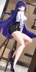  absurdres bag black_footwear black_skirt blue_eyes breasts chinese_commentary closed_mouth commentary_request female from_side full_body high_heels highres honkai_(series) honkai_impact_3rd indoors large_breasts legs long_hair long_legs long_sleeves looking_at_viewer looking_to_the_side md5_mismatch purple_hair raiden_mei raiden_mei_(apho) shirt shirt_tucked_in sitting skirt smile solo stool thighs white_shirt wu_ganlan_cai 