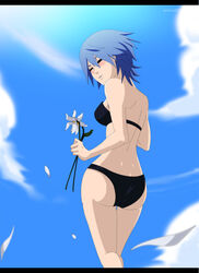  1girls annria2002 aqua_(kingdom_hearts) ass back_view beach big_ass bikini black_bikini blue_hair blue_sky blush closed_eyes disney female flower holding_object huge_ass kingdom_hearts large_ass medium_breasts nomura_tetsuya safe sensual sfw short_hair solo square_enix 