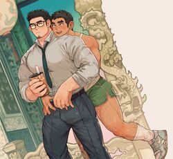  2boys age_difference bara between_pectorals black_hair blush bubble_tea collared_shirt cover cover_page covered_nipples dark-skinned_male dark_skin dolphin_shorts doujin_cover earrings facial_hair feet_out_of_frame glasses goatee green_shorts head_on_another&#039;s_shoulder highres holding_hands hug hug_from_behind interlocked_fingers jewelry large_pectorals lim_kim-liong_(shan) long_sideburns male_focus mature_male multiple_boys muscular muscular_male necktie necktie_between_pectorals nike_(company) original pectorals pout shan_(shanshankuo) shirt shoes short_hair shorts sideburns sleeves_rolled_up smile sneakers standing tan_tsi-ho_(shan) tank_top thick_eyebrows undressing_another white_tank_top yaoi 