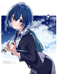  backpack bag black_jacket black_skirt blue_hair braid charm_(object) closed_mouth commentary_request cowboy_shot dark_blue_hair female highres jacket long_sleeves looking_at_viewer misakino_kukuru office_lady pencil_skirt promotional_art shell_hair_ornament shiroi_suna_no_aquatope short_hair single_braid skirt smile solo u35 