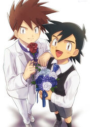  2boys :d absurdres alternate_costume black_hair black_legwear bouquet brown_eyes brown_hair buttons closed_mouth collared_shirt commentary_request flower gary_oak grey_eyes grey_shorts grey_vest highres holding holding_flower jacket long_sleeves looking_up male_focus multiple_boys open_mouth pants pokemon pokemon_(anime) pokemon_(classic_anime) red_flower rose satoshi_(pokemon) shirt shoes short_hair shorts smile socks spiked_hair standing tongue vest white_jacket white_pants white_shirt yoi_(207342) 