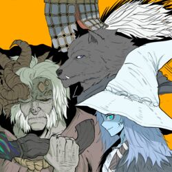  3boys bad_id bad_pixiv_id black_sclera blaidd_the_half-wolf blue_hair blue_skin colored_sclera colored_skin cracked_skin elden_ring eyebrows_visible_through_hat female gj_gwaeji grey_hair grey_headwear hand_up hat highres holding holding_weapon horns korean_commentary long_hair looking_at_viewer margit_the_fell_omen morgott_the_omen_king multiple_boys oerba_yun_fang orange_background ranni_the_witch short_hair simple_background slit_pupils teeth war_counselor_iji weapon witch_hat 