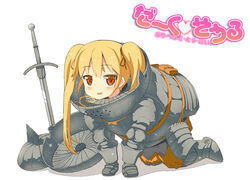  all_fours armor blonde_hair blush commentary_request dark_souls_(series) dark_souls_i female full_armor full_body hair_between_eyes heart helmet long_hair looking_at_viewer ooide_chousuke open_mouth red_eyes shadow sidelocks sieglinde_of_catarina simple_background solo sword translation_request twintails unworn_headwear unworn_helmet weapon white_background 