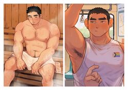  2boys abs arm_hair armpit_hair bara black_hair blush body_hair bus_interior chest_hair dark-skinned_male dark_skin earrings facial_hair feet_out_of_frame glasses goatee hairy highres jewelry large_pectorals leg_hair lgbt_pride lim_kim-liong_(shan) long_sideburns looking_at_viewer looking_away male_focus mature_male multiple_boys muscular muscular_male navel_hair nipples original pectorals pov pov_hands progress_pride_flag rainbow_flag sauna see-through shan_(shanshankuo) short_hair sideburns stomach sweat tan_tsi-ho_(shan) thick_eyebrows topless_male towel_around_waist 