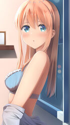  :o apollo_(hu_maple) blonde_hair blue_bra blue_eyes blush bra breasts dress_shirt female frilled_bra frills grey_shirt highres indoors long_hair looking_at_viewer looking_to_the_side medium_breasts open_mouth original photo_(object) profile shirt sideboob sidelocks solo underwear unworn_shirt wall window 