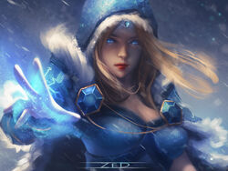  armor artist_name blonde_hair blue_cape blue_eyes breasts cape cleavage closed_mouth crystal_maiden dota_(series) dota_2 female forehead_jewel gauntlets glowing glowing_eyes ice lips lipstick long_hair looking_at_viewer makeup painting_(action) pauldrons shoulder_armor snow snowing solo winter zed_(trungbui42) 