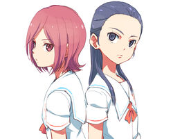  2girls azuma_yukihiko bad_id bad_pixiv_id blue_eyes blue_hair commentary_request eyelashes futari_wa_precure_splash_star kiryuu_kaoru kiryuu_michiru long_hair looking_at_viewer multiple_girls precure red_eyes red_hair school_uniform serious shirt short_hair simple_background standing white_background white_shirt 