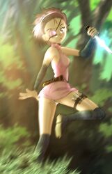  blurry blurry_background eyepatch female girls_und_panzer grass hairband highres hiyama_yuu_(wee259hiyama) japanese_clothes kimono looking_at_viewer momogaa_(girls_und_panzer) motion_blur ninja panties reverse_grip short_hair short_kimono solo sword tree underwear weapon 