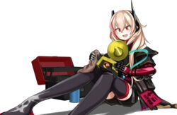  banana_(girls&#039;_frontline) black_legwear black_shorts blonde_hair cloth female girls&#039;_frontline headgear highres jacket long_hair m4_sopmod_ii_(girls&#039;_frontline) m4_sopmod_ii_(mod3)_(girls&#039;_frontline) mechanical_arms megaphone multicolored_hair non-humanoid_robot oerba_yun_fang open_mouth pink_hair prosthesis prosthetic_arm red_eyes robot shadow shorts simple_background single_mechanical_arm sitting streaked_hair thighhighs white_background yotubawatane 