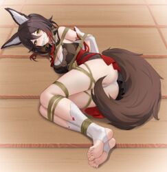  animal_ears ass bare_shoulders bondage bondage bondage bound breasts brown_hair cbmus commentary commission feet female fox_ears fox_girl fox_tail gag gagged green_eyes hair_between_eyes honkai:_star_rail honkai_(series) large_breasts looking_at_viewer medium_breasts panties ponytail rope soles solo tail thighs tingyun_(honkai:_star_rail) underwear white_panties 