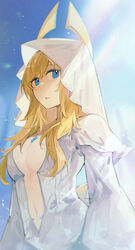  blonde_hair bodysuit breasts cleavage female final_fantasy final_fantasy_xiv gem green_eyes halo highres juliet_sleeves large_breasts long_hair long_sleeves multicolored_background navel pen_to_mouth possessed puffy_sleeves rirene_rn ryne_waters shiva_(final_fantasy) solo upper_body veil white_bodysuit 