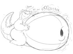  2022 4:3 afterimage alligator alligatorid anthro belly big_belly bodily_noises contact_onomatopoeia crocodilian deep_navel dialogue different_sound_effects english_text extended_sound_effect fangs half-closed_eyes hand_on_belly hi_res huge_belly hyper hyper_belly kneeling louis_(tpatf) male monochrome motion_lines narrowed_eyes navel navel_rim nude obese obese_anthro obese_male onomatopoeia overweight overweight_anthro overweight_male partial_speech_bubble patting patting_belly praceph profanity raised_tail reptile rumbling_stomach scales scalie sitting smile solo sound_effect_variant sound_effects speech_bubble tail teeth text 