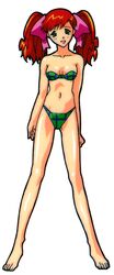  1990s_(style) asahina_yurina barefoot bikini female full_body green_bikini green_eyes hair_ribbon highres long_hair looking_at_viewer navel non-web_source official_art open_mouth red_hair retro_artstyle ribbon simple_background solo standing strapless strapless_bikini super_real_mahjong swimsuit tanaka_ryou twintails white_background 