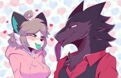  absurd_res ambiguous_gender anthro black_body black_ears black_fur black_nose blep blush breasts cheek_tuft clothed clothing dark_body digital_media_(artwork) domestic_cat dress_shirt duo facial_tuft felid feline felis female fur green_tongue hair heart_eyes heart_symbol hi_res kurus long_tongue looking_at_another maine_coon mammal multicolored_body multicolored_fur nicky_coon pink_clothing pink_sweater pink_topwear purple_tongue sergal shirt silver_hair simple_background sweater tongue tongue_out topwear tuft two_tone_body two_tone_fur vest white_body white_fur zenon_the_sergal 