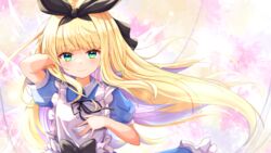  aqua_eyes arm_behind_head baram black_ribbon blonde_hair blunt_bangs commentary_request female frills hair_ribbon hand_on_own_chest highres long_hair mononobe_alice mononobe_alice_(1st_costume) nijisanji puffy_short_sleeves puffy_sleeves ribbon short_sleeves smile solo upper_body virtual_youtuber 