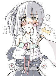  1boy blue_bra blush bondage bondage bound bra brown_eyes cowboy_shot dress egg_vibrator female grey_hair highres kantai_collection kasumi_(kancolle) kasumi_kai_ni_(kancolle) long_hair looking_at_viewer nose_blush object_to_cheek pinafore_dress red_ribbon remote_control_vibrator ribbon sex_toy shirt side_ponytail sleeveless sleeveless_dress straight tatahai underwear vibrator white_background white_shirt 