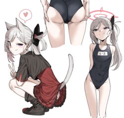  animal_ears arms_behind_back ass ass_support black_footwear black_one-piece_swimsuit blue_archive boots cat_ears cat_tail clothes_lift commentary covered_navel extra_ears female flat_chest frilled_skirt frills from_behind hair_ornament halo heart highres inconvenient_tail kemonomimi_mode long_hair looking_at_viewer multiple_views mutsuki_(blue_archive) name_tag one-piece_swimsuit panties pink_panties pointy_ears ponytail purple_eyes school_swimsuit side_ponytail simple_background skirt skirt_lift smirk speech_bubble spoken_heart squatting standing swimsuit tail underwear upskirt urec v white_background white_hair 