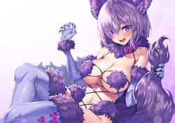  :d animal_ears bad_id bad_twitter_id bare_shoulders breasts claws cleavage fate/grand_order fate_(series) female fur_bracelet fur_collar fur_trim hand_up heirou holding_own_tail large_breasts looking_at_viewer mash_kyrielight mash_kyrielight_(dangerous_beast) navel oerba_yun_fang official_alternate_costume open_mouth purple_eyes purple_hair purple_tail purple_thighhighs revealing_clothes short_hair simple_background smile solo stomach tail thighhighs white_background wolf_ears wolf_girl wolf_tail 