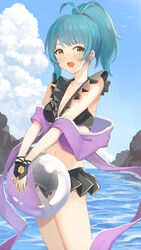  alternate_costume antenna_hair ball beach beachball bikini black_bikini blue_hair blue_sky breasts cleavage cloud collarbone commission cosplay earrings feet_out_of_frame female fingerless_gloves fire_emblem fire_emblem_heroes frilled_bikini frills gloves green_bikini high_ponytail highres holding holding_ball jewelry kiukoma looking_at_viewer micaiah_(fire_emblem) micaiah_(fire_emblem)_(cosplay) micaiah_(summer)_(fire_emblem) navel open_mouth outdoors own_hands_together plunging_neckline purple_sash reginn_(fire_emblem) rock sash skeb_commission sky small_breasts smile solo swimsuit wading water yellow_eyes 