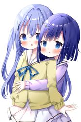  2girls blue_eyes blue_hair blue_ribbon blush cardigan chocolat_(momoiro_piano) commentary_request fuiba_fuyu gochuumon_wa_usagi_desu_ka? hair_ornament hairclip hoto_cocoa&#039;s_school_uniform kafuu_chino long_hair multiple_girls neck_ribbon one_side_up open_mouth parted_lips pleated_skirt purple_cardigan ribbon sailor_collar school_uniform serafuku simple_background skirt very_long_hair white_background white_sailor_collar white_skirt x_hair_ornament yellow_cardigan 