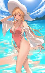  absurdres adjusting_clothes adjusting_headwear arm_behind_head arm_up azur_lane bare_shoulders beach blonde_hair blue_sky blush breasts cleavage collarbone commentary day female frilled_one-piece_swimsuit frills from_side hat highleg highleg_swimsuit highres large_breasts long_hair long_sleeves looking_at_viewer ocean off_shoulder official_alternate_costume one-piece_swimsuit outdoors pink_eyes pink_one-piece_swimsuit renzu_(lens_02) richelieu_(azur_lane) richelieu_(fleuron_of_the_waves)_(azur_lane) sidelocks sky smile solo sun_hat sunlight swept_bangs swimsuit thighs white_hat wide_sleeves 