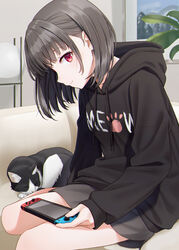  animal black_hair black_hoodie black_skirt blush closed_mouth commentary couch drawstring feline female grey_hair grey_legwear highres holding hood hood_down hoodie hyuuga_azuri indoors leaf long_sleeves looking_at_viewer medium_hair nintendo_switch original plant profile red_eyes short_hair shorts sitting skirt smile solo symbol-only_commentary yokozuwari 